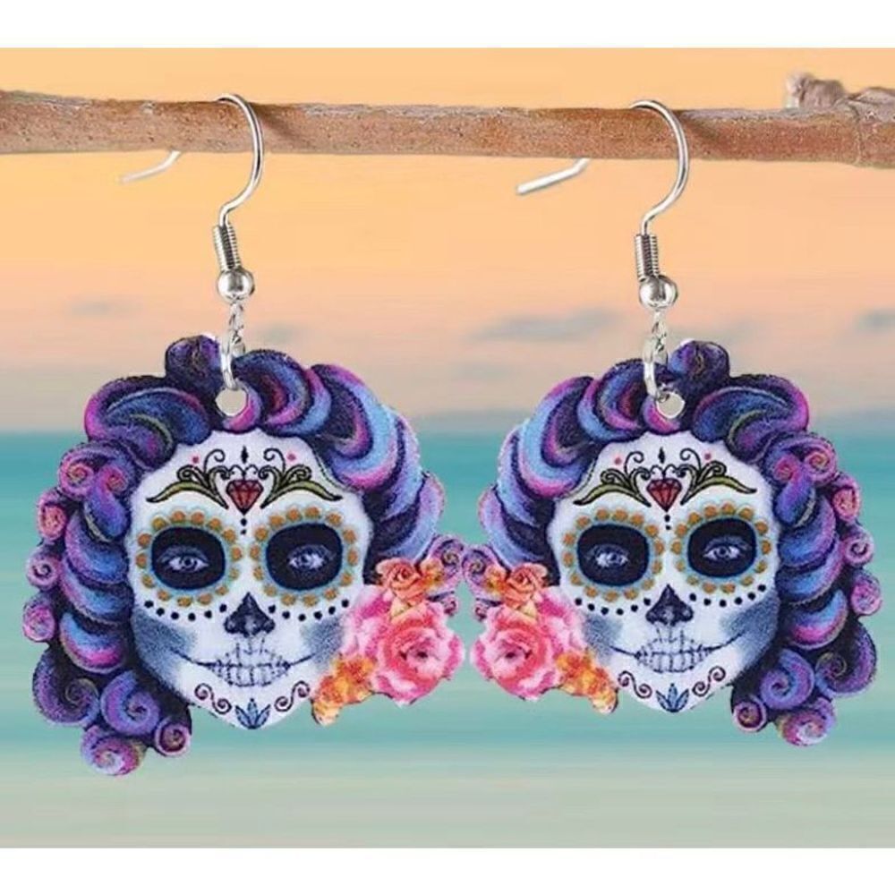 Nwt Sugar Skull Day Of The Dead Purple White Flower Dangle Hook Earrings